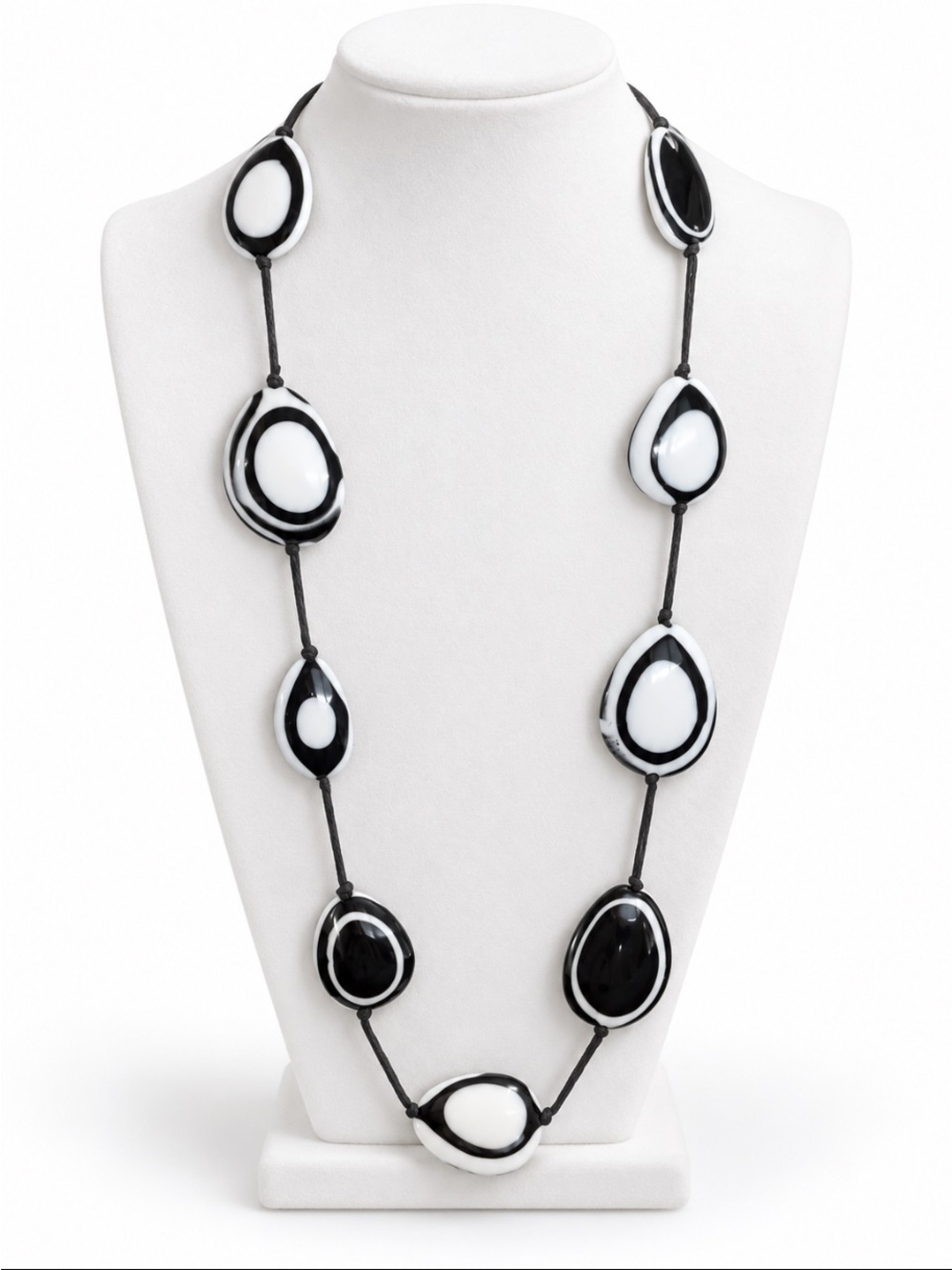 Black & White Oval Glass Bead Long Knotted Cord Statement Necklace